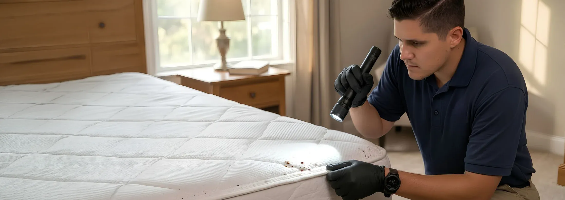technician inspecting bed for bed bugs