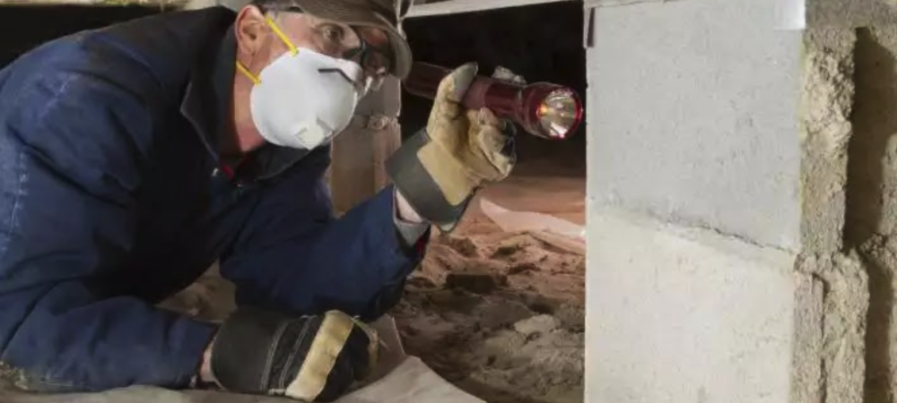 worker looking in crawlspace with flashlight