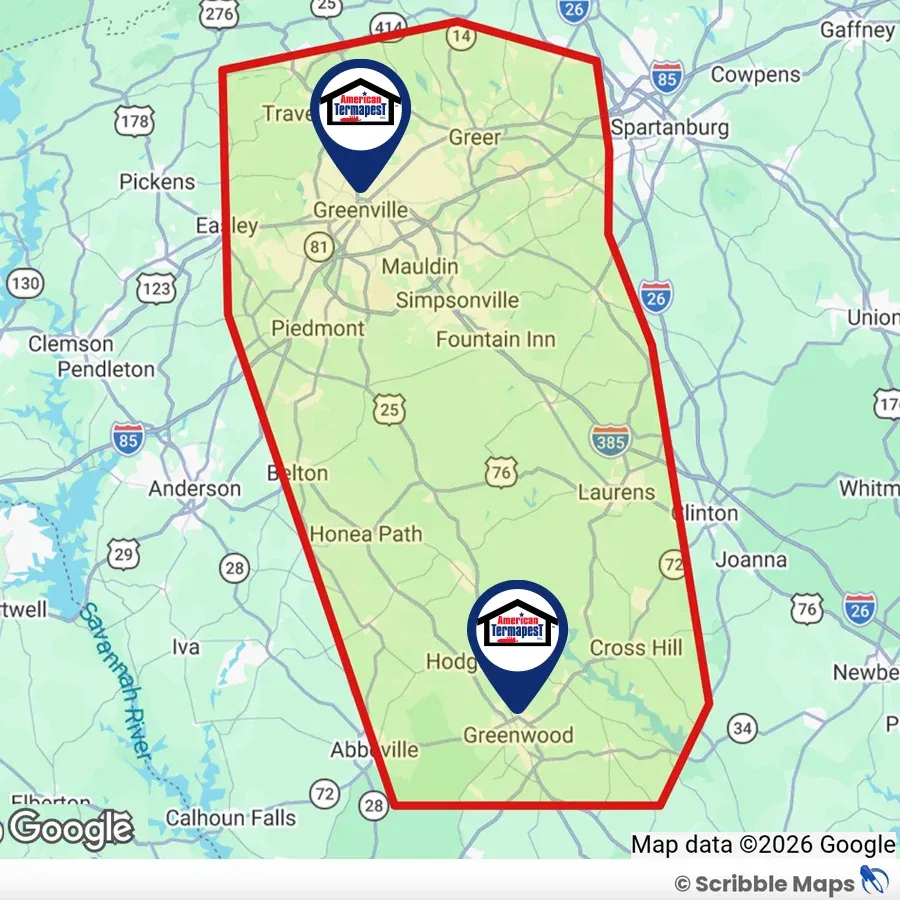 American Termapest Service Area Map Greenville and Greenwood South Carolina