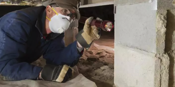 worker looking in crawlspace with flashlight