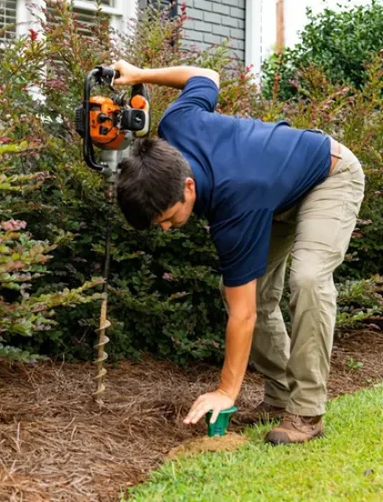 Termite control, technician installing termite bait system